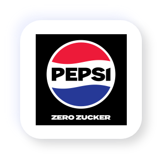 Ein Getränke-Logo mit blauem, roten und weißen Balken steht in einem quadratischen Rahmen. Darunter steht der Text „Zero Zucker“.