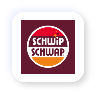 Ein quadratisches Logo mit abgerundeten Ecken zeigt ein Logo in Rot, Weiß und Orange.